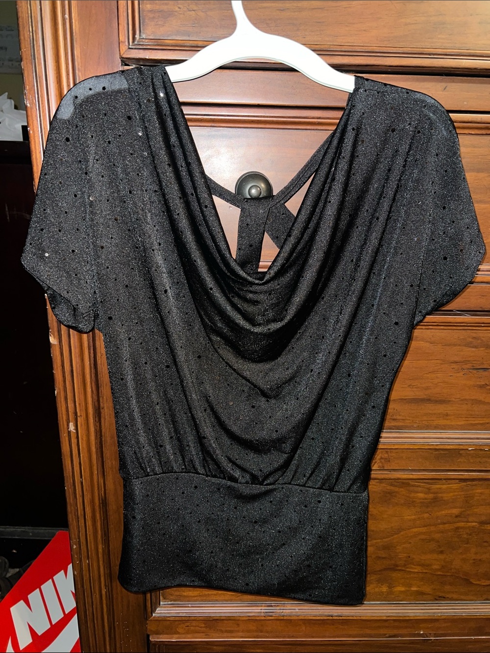 HeartSoul Black Sparkle Drape-Neck Blouse